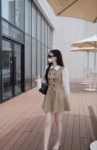 VGU1699 - ĐẦM NGẮN NÂU PHỐI SƠMI (KÈM NỊT)