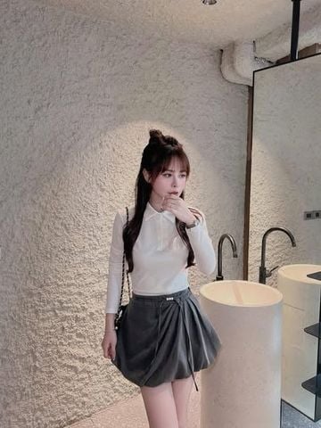 SHE4690 - SET ÁO TAY DÀI TRẮNG, C.VÁY BÍ XÁM