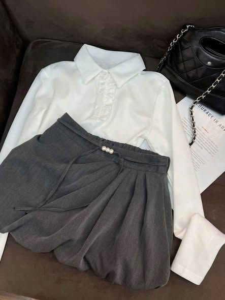 SHE4690 - SET ÁO TAY DÀI TRẮNG, C.VÁY BÍ XÁM