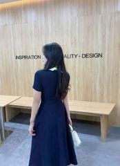 KS1471 - ĐẦM DÀI XANH ĐEN XẾP LY NGỰC PHỐI NƠ