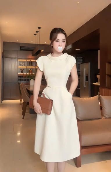 VGU1771 - ĐẦM DÀI CỔ NGƯỢC KEM (KÈM DÂY)