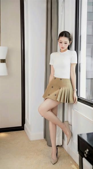 KS1501 - SET ÁO THUN TRẮNG, C.VÁY NGẮN XẾP LY NÂU