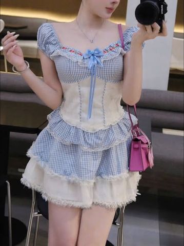 VGU1825 - SET ÁO PHỐI NƠ, VÁY TẦNG (CARO XANH)