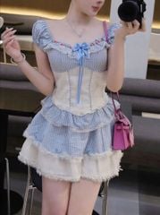 VGU1825 - SET ÁO PHỐI NƠ, VÁY TẦNG (CARO XANH)