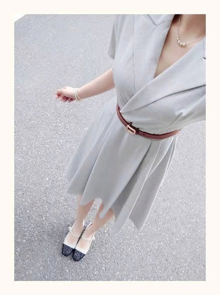 KS1522 - ĐẦM DÀI CỔ VEST XÁM (KÈM NỊT)