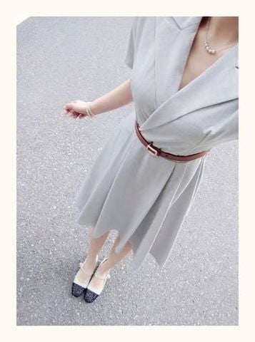 KS1522 - ĐẦM DÀI CỔ VEST XÁM (KÈM NỊT)