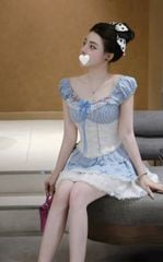 VGU1825 - SET ÁO PHỐI NƠ, VÁY TẦNG (CARO XANH)