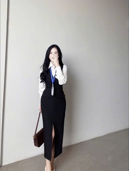 SKY9588 - SET ÁO SƠMI TRẮNG + ĐẦM DÀI ĐEN