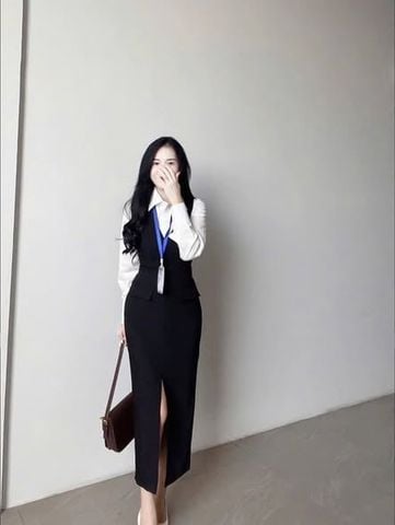 SKY9588 - SET ÁO SƠMI TRẮNG + ĐẦM DÀI ĐEN