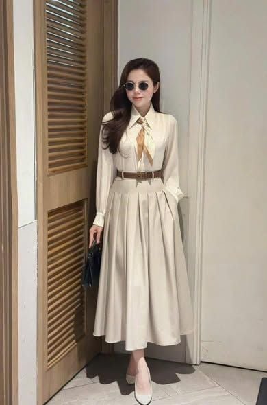 KS1518 - SET ÁO SƠMI, VÁY DÀI XẾP LY (KÈM KHĂN + NỊT)