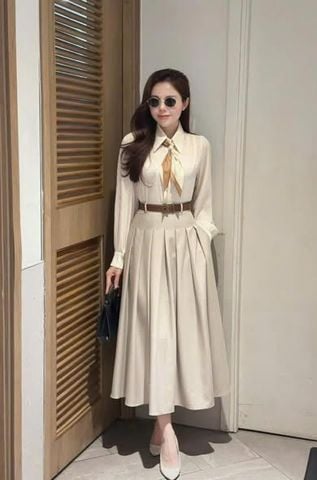 KS1518 - SET ÁO SƠMI, VÁY DÀI XẾP LY (KÈM KHĂN + NỊT)