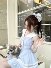 VGU1839 - ĐẦM NGẮN SỌC XANH PHỐI CỔ