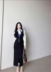 SKY9588 - SET ÁO SƠMI TRẮNG + ĐẦM DÀI ĐEN