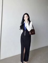 SKY9588 - SET ÁO SƠMI TRẮNG + ĐẦM DÀI ĐEN