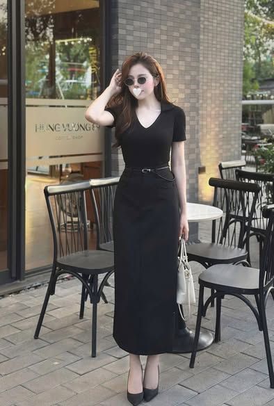 KS1537 - SET ÁO THUN, VÁY DÀI ĐEN (KÈM NỊT)