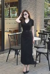 KS1537 - SET ÁO THUN, VÁY DÀI ĐEN (KÈM NỊT)