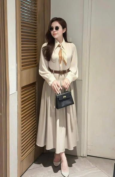 KS1518 - SET ÁO SƠMI, VÁY DÀI XẾP LY (KÈM KHĂN + NỊT)