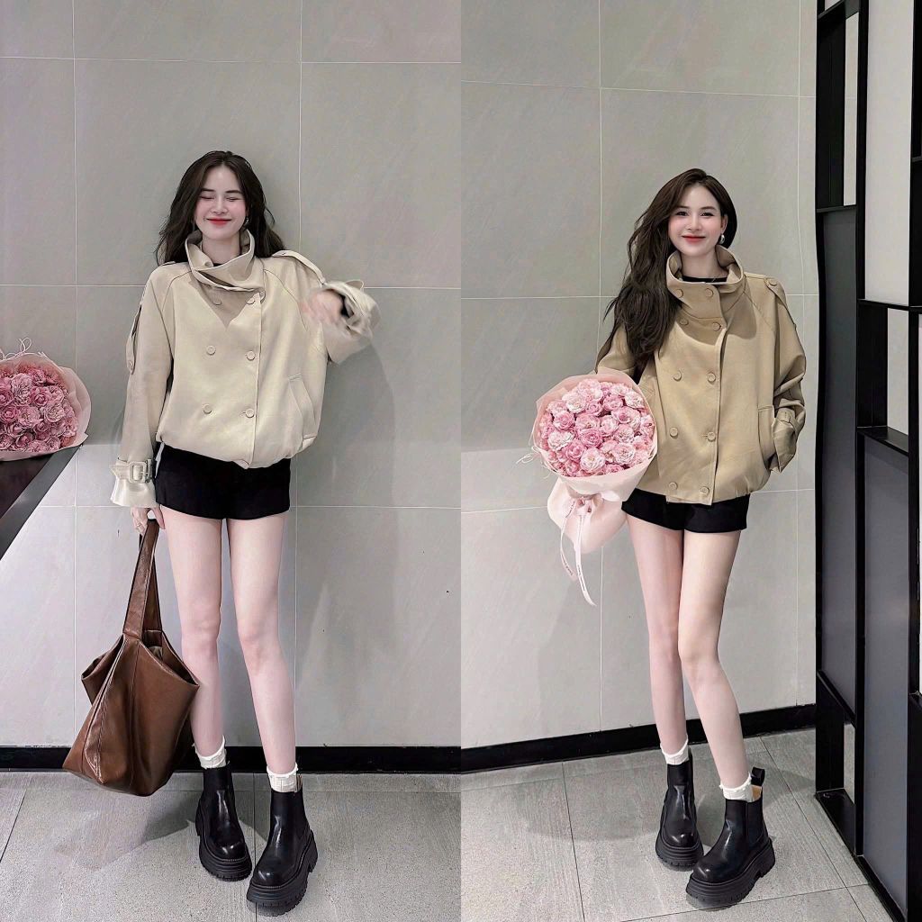 KS1494 - ÁO MĂNG TÔ FORM NGẮN CỔ CAO (KEM)