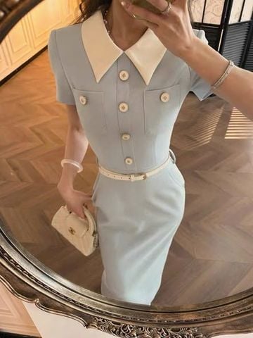 SKY5911 - ĐẦM DÀI XANH PHỐI CỔ (KÈM NỊT)