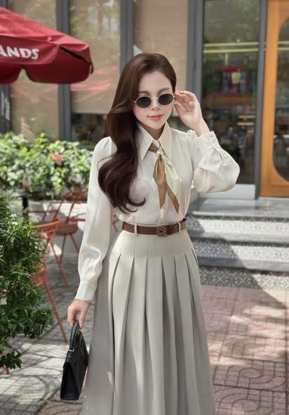 KS1518 - SET ÁO SƠMI, VÁY DÀI XẾP LY (KÈM KHĂN + NỊT)