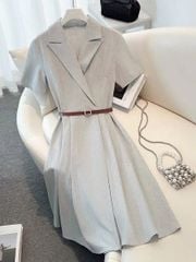 KS1522 - ĐẦM DÀI CỔ VEST XÁM (KÈM NỊT)