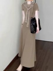 VGU1857 - ĐẦM DÀI THẮT EO PHỐI REN (NÂU)