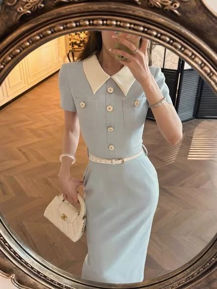 SKY5911 - ĐẦM DÀI XANH PHỐI CỔ (KÈM NỊT)