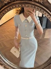 SKY5911 - ĐẦM DÀI XANH PHỐI CỔ (KÈM NỊT)