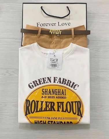 TB5882 - SET ÁO THUN IN CHỮ, QUẦN SHORT CAM (KÈM NỊT)