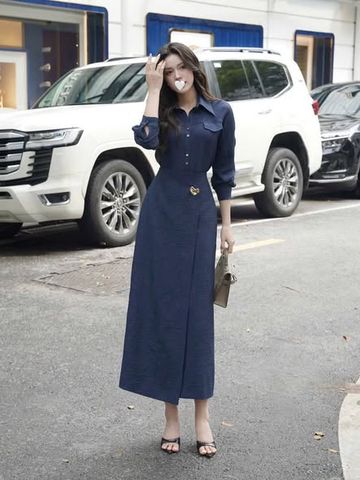 SKY9619 - SET ÁO SƠMI PHỐI, VÁY XẺ TÀ ĐÍNH TAG (XANH ĐEN)