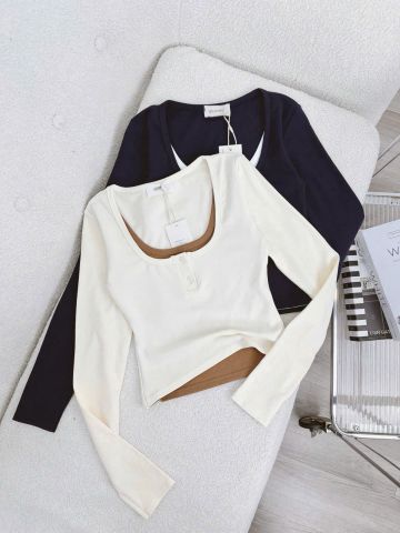 TB9666 - ÁO THUN TAY DÀI PHỐI 2 MÀU (KEM)