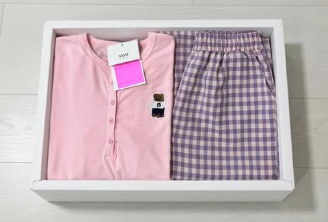 VGU1907 - SET ÁO TAY DÀI THÊU GẤU HỒNG, QUẦN CARO TÍM