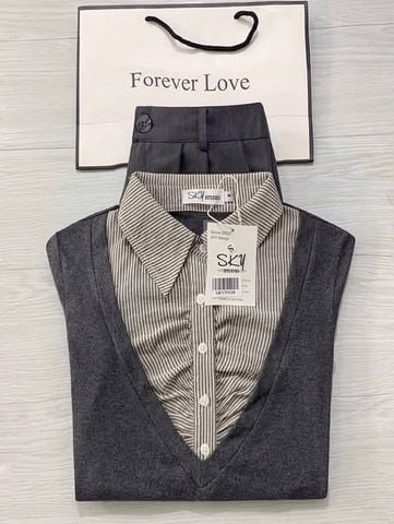 SKY5953 - SET ÁO THUN PHỐI SƠMI SỌC, QUẦN DÀI XÁM (KHÔNG KÈM NỊT)