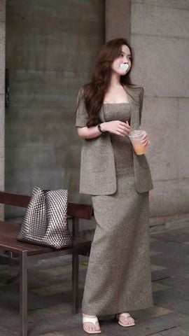 KS1585 - SET ÁO KHOÁC VEST, VÁY DÀI - KÈM ÁO ỐNG (XÁM)