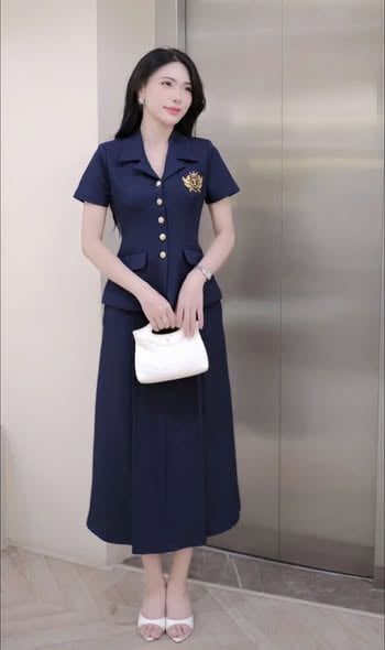 TB9683 - SET ÁO THÊU LOGO, VÁY DÀI (XANH ĐEN)