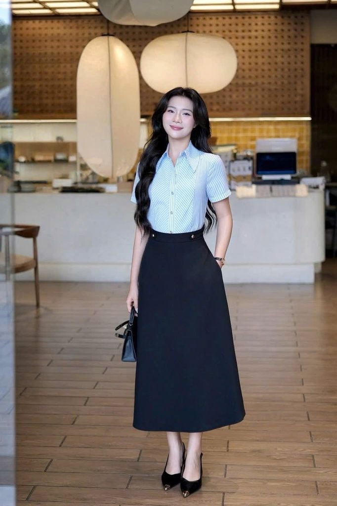 SKY9656 - SET SƠMI SỌC XANH, VÁY DÀI