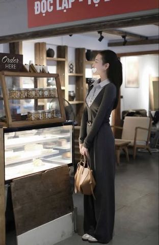 SKY5953 - SET ÁO THUN PHỐI SƠMI SỌC, QUẦN DÀI XÁM (KHÔNG KÈM NỊT)