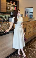 SKY9614 - ĐẦM DÀI XẾP LY NGỰC KÈM DÂY HOA (KEM)