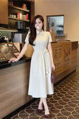 SKY9614 - ĐẦM DÀI XẾP LY NGỰC KÈM DÂY HOA (KEM)