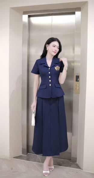 TB9683 - SET ÁO THÊU LOGO, VÁY DÀI (XANH ĐEN)