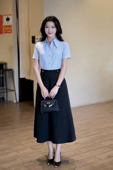 SKY9656 - SET SƠMI SỌC XANH, VÁY DÀI