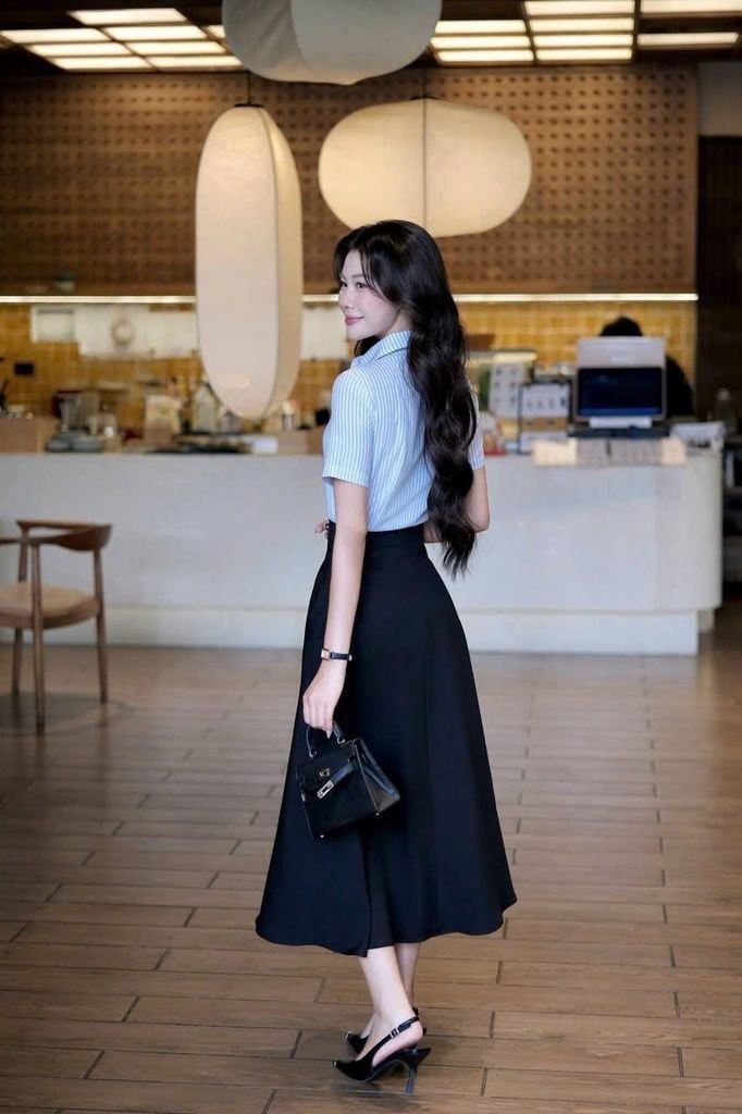 SKY9656 - SET SƠMI SỌC XANH, VÁY DÀI