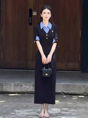 SKY5968 - ĐẦM DÀI PHỐI SƠMI ĐÍNH TAG (XANH ĐEN)