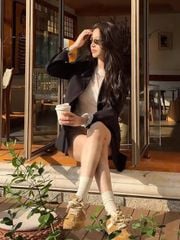 KS1621 - SET ÁO KHOÁC VEST ĐEN, QUẦN SHORT NÂU (KHÔNG KÈM ÁO TRONG, NỊT)