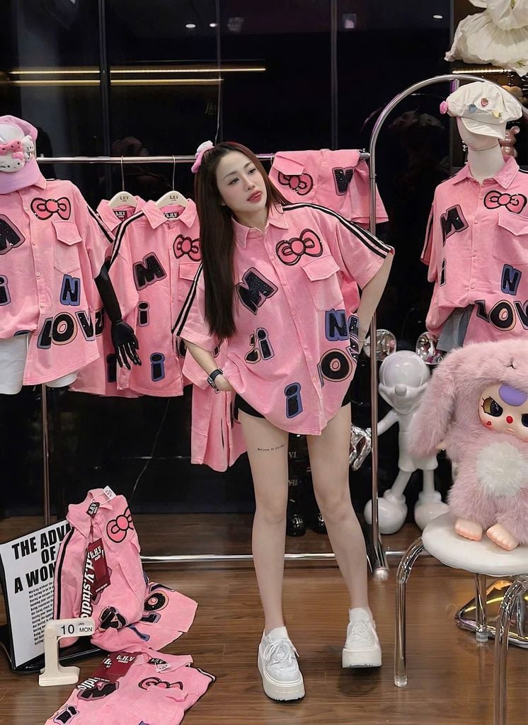 VGU2011 - ÁO KIỂU SƠMI FORM DÀI IN HÌNH MINNIE (HỒNG)