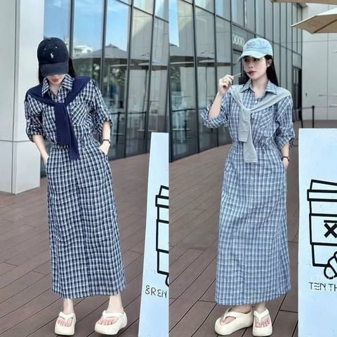 TB9708 - ĐẦM DÀI CARO PHỐI KHĂN LIỀN CỔ (XANH NHẠT)