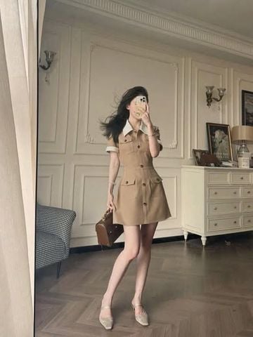 SKY5974 - ĐẦM NGẮN PHỐI TÚI (NÂU)