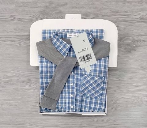 TB9708 - ĐẦM DÀI CARO PHỐI KHĂN LIỀN CỔ (XANH NHẠT)