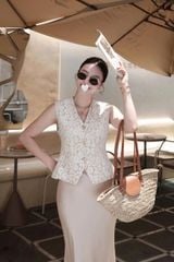 KS1622 - SET  ÁO GILE REN CAO CẤP, VÁY LỤA DÀI (KEM)