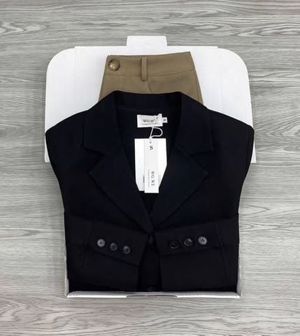 KS1621 - SET ÁO KHOÁC VEST ĐEN, QUẦN SHORT NÂU (KHÔNG KÈM ÁO TRONG, NỊT)